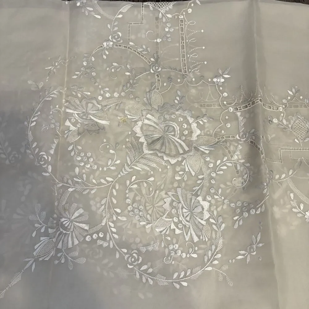 Fortunoff Embroidered Sheer Organza Tablecloth Ivory Granny Traditional 72x90